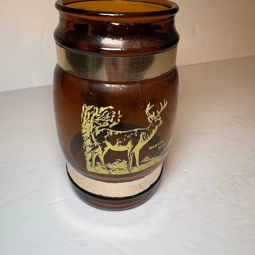 Vintage Pennsylvania Animals Bear Buck Souvenir Brown Glass Barrel Mug Wood